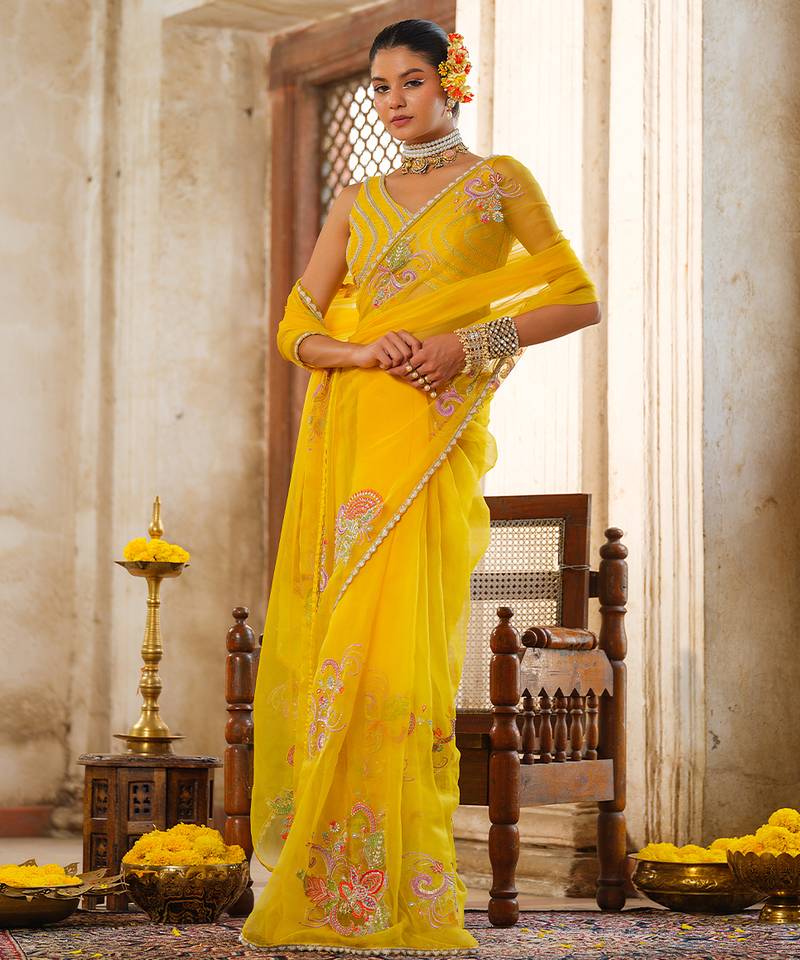 Yellow embroidered organza saree