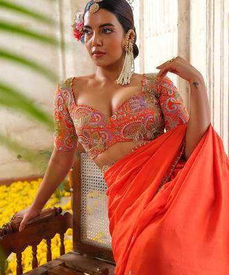 Orange embroidered silk saree 2