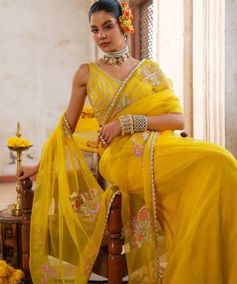 Yellow embroidered organza saree 2