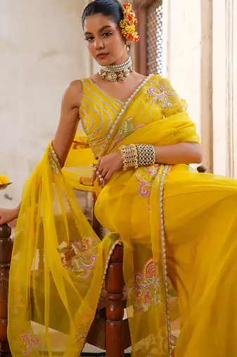 Yellow embroidered organza saree