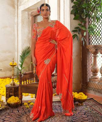 Orange embroidered silk saree 3