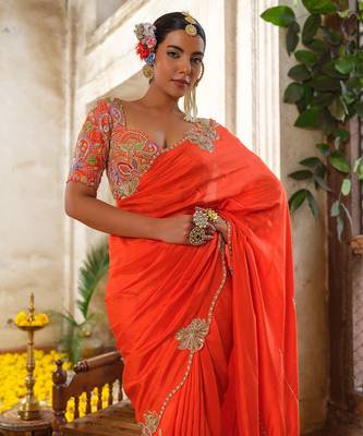 Orange embroidered silk saree 4