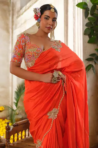 Orange embroidered silk saree