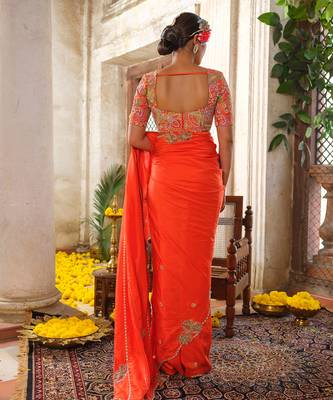 Orange embroidered silk saree 5