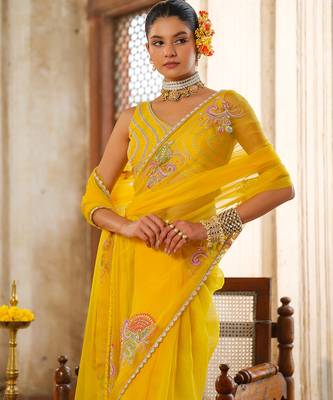 Yellow embroidered organza saree 3