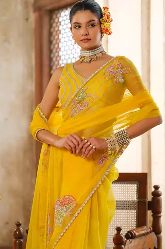 Yellow embroidered organza saree