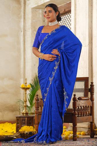 Blue embroidered silk saree