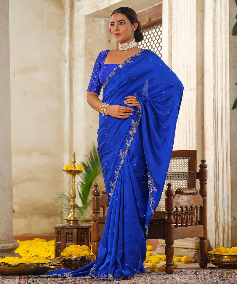 Blue embroidered silk saree