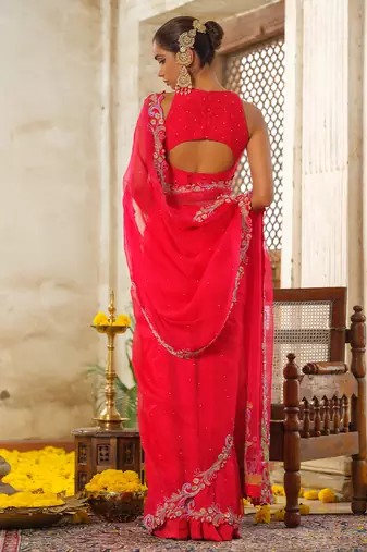 Red embroidered organza saree