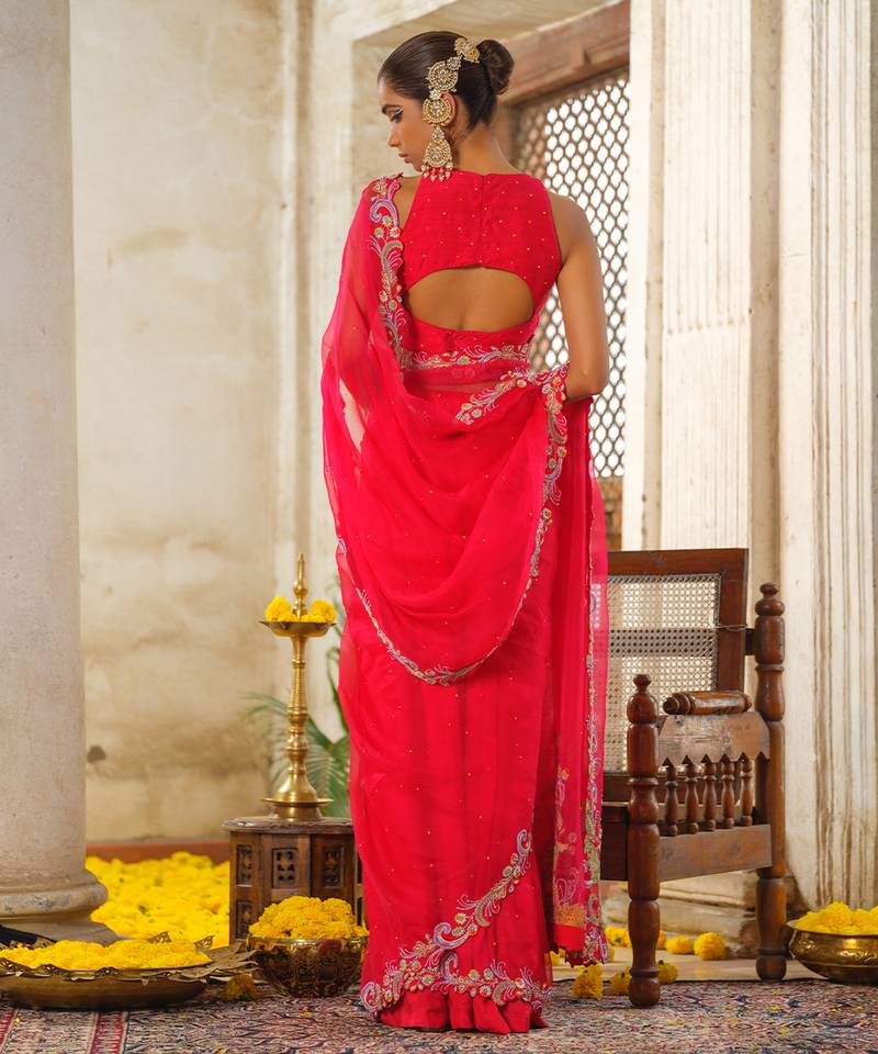 Red embroidered organza saree