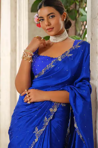 Blue embroidered silk saree
