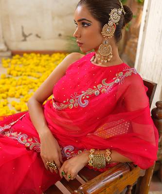 Red embroidered organza saree 2