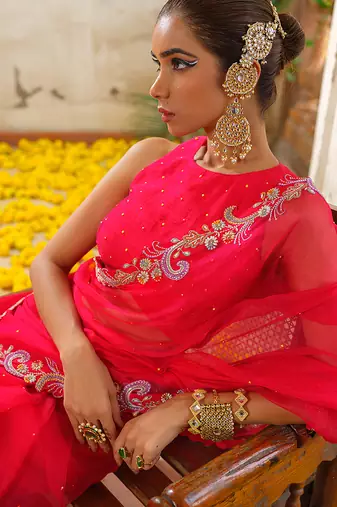 Red embroidered organza saree