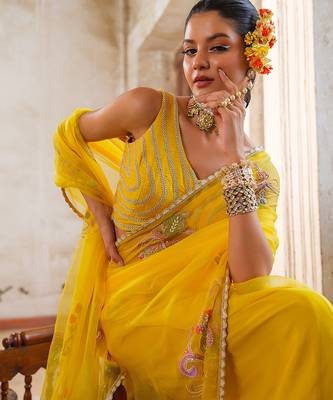 Yellow embroidered organza saree 4