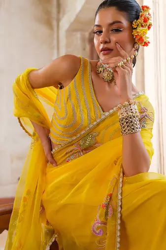 Yellow embroidered organza saree