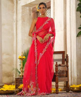 Red embroidered organza saree 3