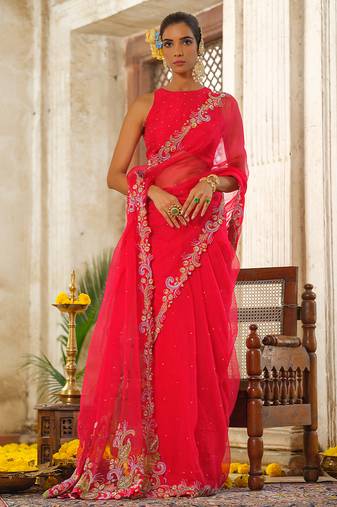 Red embroidered organza saree