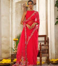 Red embroidered organza saree