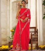 Red embroidered organza saree