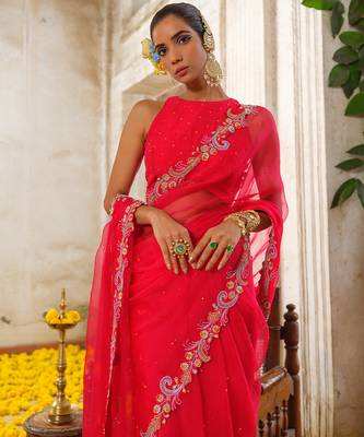Red embroidered organza saree 4