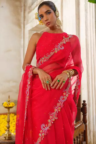 Red embroidered organza saree