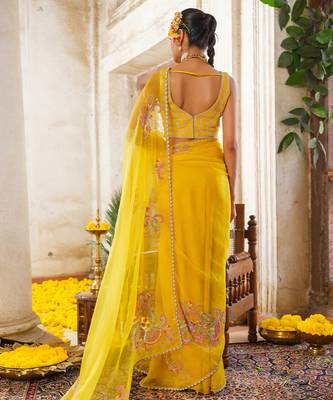 Yellow embroidered organza saree 5