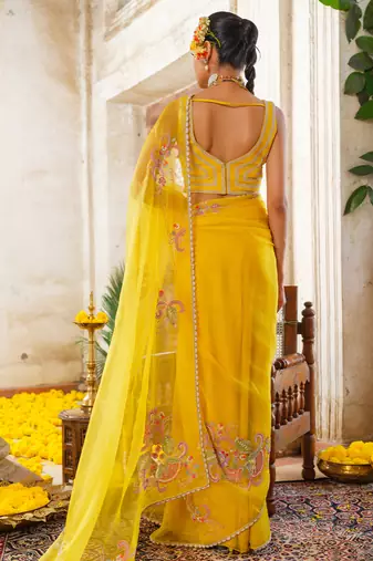 Yellow embroidered organza saree
