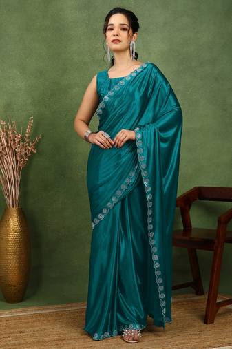 party wear lycra solid embellished saree with unstiched blouse piece_rama blue