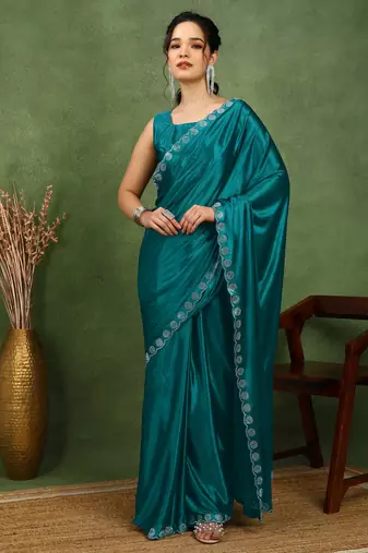 party wear lycra solid embellished saree with unstiched blouse piece_rama blue