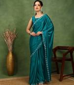 party wear lycra solid embellished saree with unstiched blouse piece_rama blue