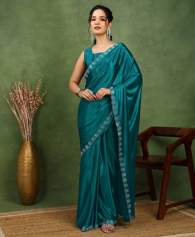 party wear lycra solid embellished saree with unstiched blouse piece_rama blue