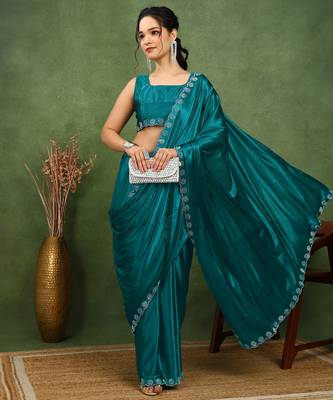 party wear lycra solid embellished saree with unstiched blouse piece_rama blue 2