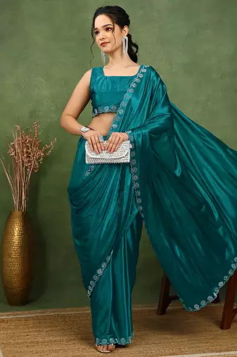 party wear lycra solid embellished saree with unstiched blouse piece_rama blue