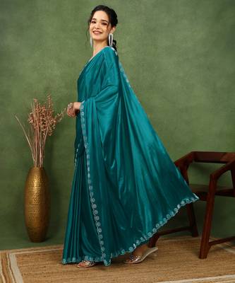 party wear lycra solid embellished saree with unstiched blouse piece_rama blue 3