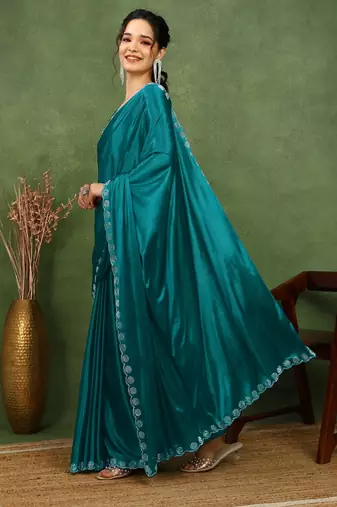 party wear lycra solid embellished saree with unstiched blouse piece_rama blue