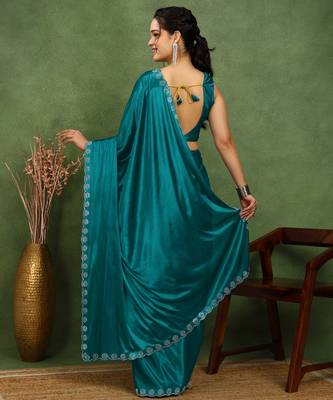 party wear lycra solid embellished saree with unstiched blouse piece_rama blue 4