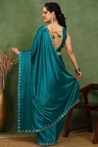 party wear lycra solid embellished saree with unstiched blouse piece_rama blue