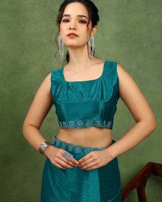 party wear lycra solid embellished saree with unstiched blouse piece_rama blue 5