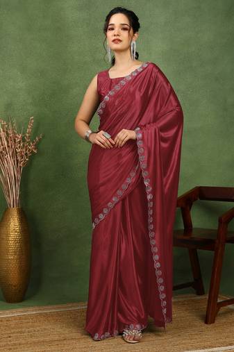 party wear lycra solid embellished saree with unstiched blouse piece_maroon