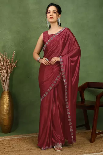 party wear lycra solid embellished saree with unstiched blouse piece_maroon