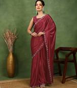 party wear lycra solid embellished saree with unstiched blouse piece_maroon