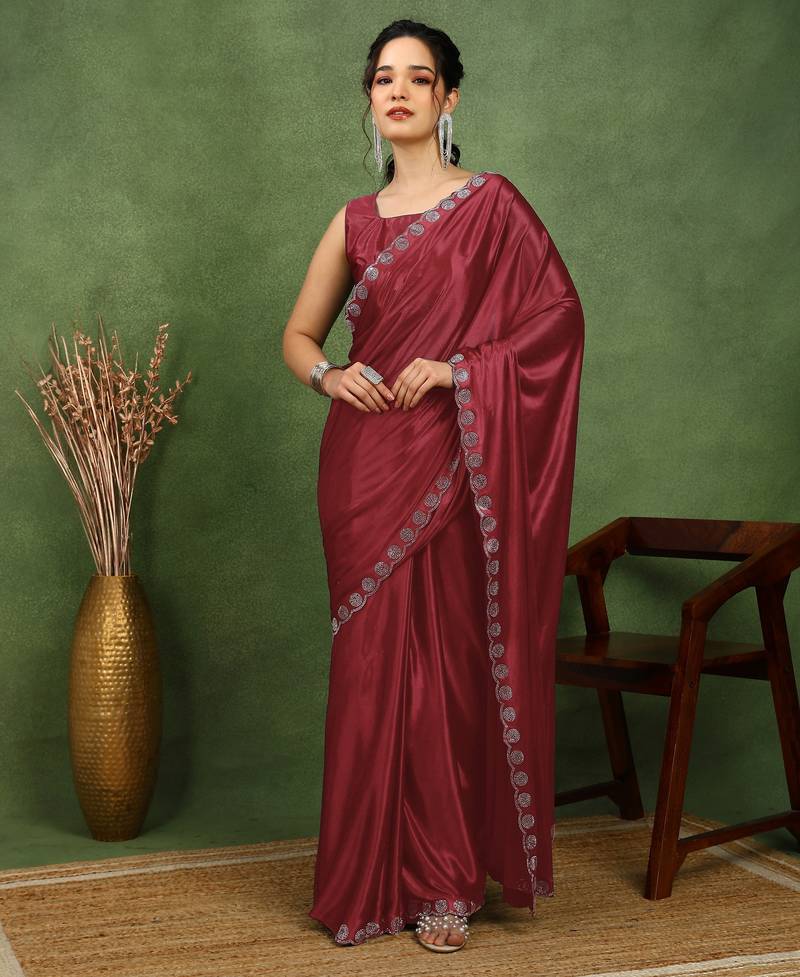 party wear lycra solid embellished saree with unstiched blouse piece_maroon