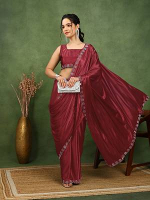 party wear lycra solid embellished saree with unstiched blouse piece_rama green 2