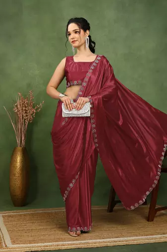 party wear lycra solid embellished saree with unstiched blouse piece_rama green