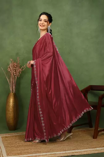 party wear lycra solid embellished saree with unstiched blouse piece_rama green