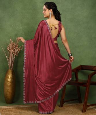 party wear lycra solid embellished saree with unstiched blouse piece_rama green 4