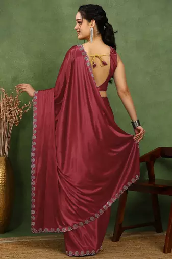 party wear lycra solid embellished saree with unstiched blouse piece_rama green