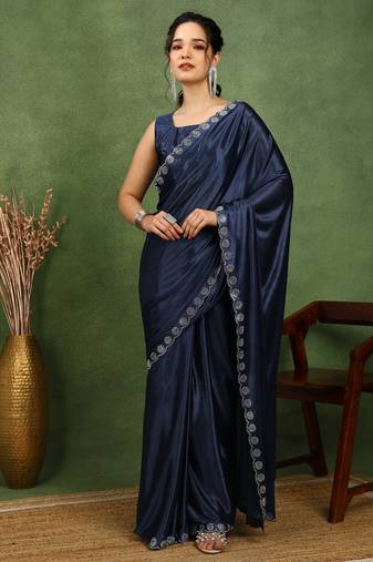 party wear lycra solid embellished saree with unstiched blouse piece_navy blue