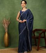 party wear lycra solid embellished saree with unstiched blouse piece_navy blue