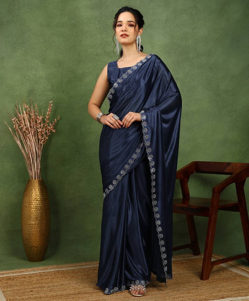 party wear lycra solid embellished saree with unstiched blouse piece_navy blue